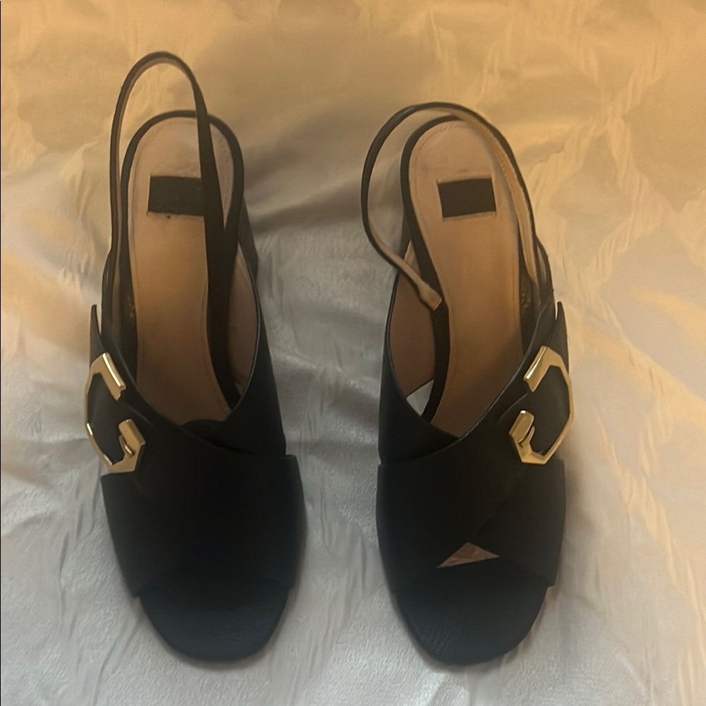 Louise et Cie Black Slingback Heels with Gold Buckles